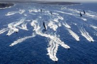 The race fleet battle for position as they leave Sydney harbour en route to Hobart