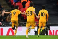 Wolves celebrate Raul Jimenez's goal against Tottenham at Wembley
