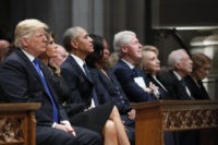 George HW Bush From left, President Donald Trump, first lady Melania Trump, former President Barack Obama, Michelle Obama, former President Bill Clinton, former Secretary of State Hillary Clinton, and former President Jimmy Carter listen as former President George W. Bush speaks during a State Funeral at the National Cathedral, Wednesday, Dec. 5, 2018, in Washington, for former President George H.W. Bush.(AP Photo/Alex Brandon, Pool) Trump odd man out as presidents assemble for Bush funeral