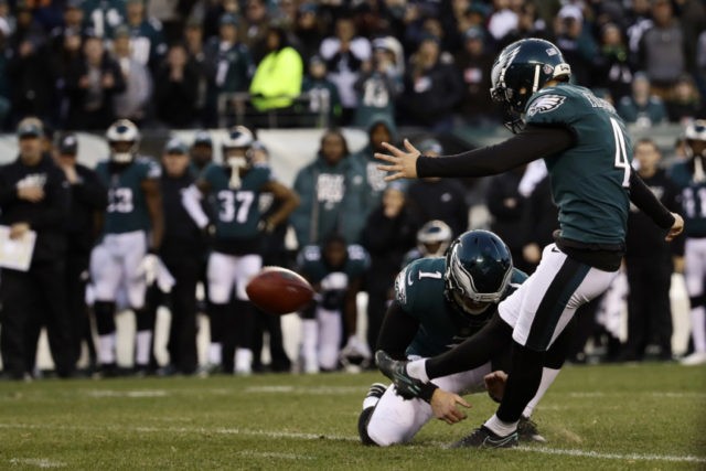 Texans Eagles Football Philadelphia Eagles' Jake Elliott (4) kicks the game winning field goal from the hold of Cameron Johnston (1) during an NFL football game against the Houston Texans, Sunday, Dec. 23, 2018, in Philadelphia. Philadelphia won 32 30. (AP Photo/Matt Rourke) The Associated Press