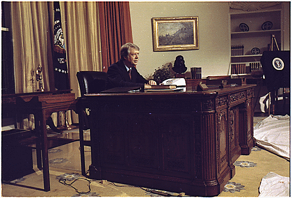 President Jimmy Carter gives address to the nation on energy from the oval office. (White House Staff Photographers/National Archives)