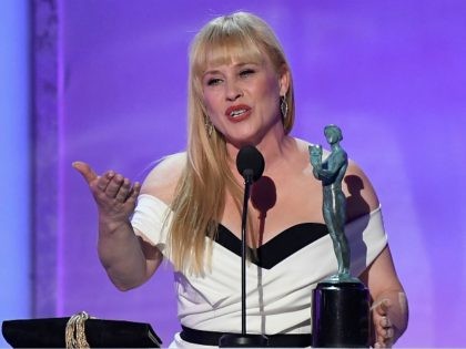 LOS ANGELES, CA - JANUARY 27: Winner of Outstanding Performance by a Female Actor in a Television Movie or Miniseries, Patricia Arquette speaks onstage during the 25th Annual Screen Actors Guild Awards at The Shrine Auditorium on January 27, 2019 in Los Angeles, California. (Photo by Kevork Djansezian/Getty Images)