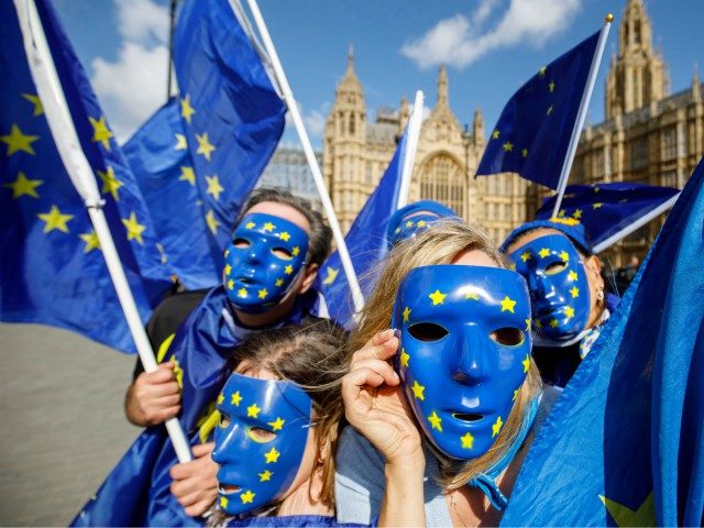 Pro-European Union demonstrators protest outside the Houses of Parliament in central London against the first vote today on a bill to end Britain's membership of the EU on September 11, 2017. - MPs hold their first vote today on a bill to end Britain's membership of the EU, which ministers …