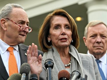 House Speaker Nancy Pelosi of Calif., center, speaks about her oath of office as she stands next to Senate Minority Leader Sen. Chuck Schumer of N.Y., left, and Sen. Dick Durbin, D-Ill., right, following their meeting with President Donald Trump at the White House in Washington, Wednesday, Jan. 9, 2019.