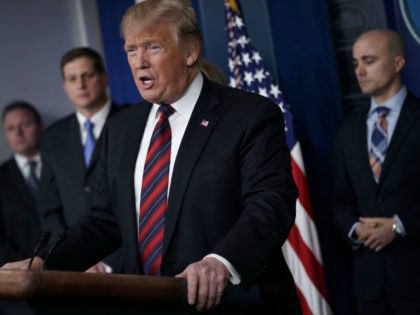 U.S. President Donald Trump speaks during a surprise visit to the James Brady Press Briefi