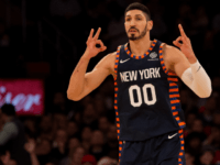 NEW YORK, NY - DECEMBER 25: Enes Kanter #00 of the New York Knicks celebrates after hitting a three-point basket against the Milwaukee Bucks at Madison Square Garden on December 25, 2018 in New York City. NOTE TO USER: User expressly acknowledges and agrees that, by downloading and or using …