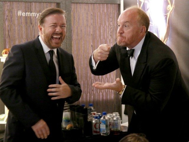 IMAGE DISTRIBUTED FOR THE TELEVISION ACADEMY - EXCLUSIVE - Ricky Gervais, left, and Louis C.K. speaks backstage in the green room at the 66th Primetime Emmy Awards at the Nokia Theatre L.A. Live on Monday, Aug. 25, 2014, in Los Angeles. (Photo by Danny Moloshok/Invision for the Television Academy/AP Images)
