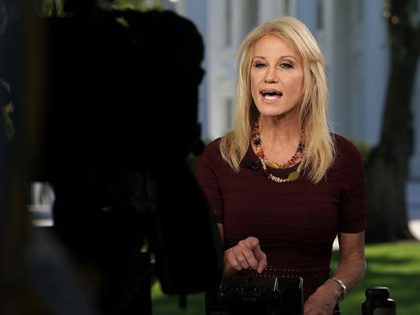 WASHINGTON, DC - OCTOBER 03: Counselor to U.S. President Donald Trump Kellyanne Conway participates in a TV interview October 3, 2018 at the White House in Washington, DC. New York State tax officials are reviewing fraud allegations the New York Times has reported on tax schemes Trump's father had committed …