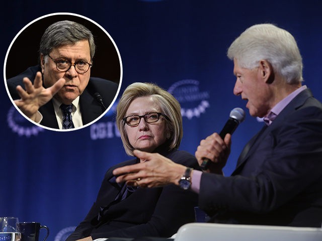 (INSET: William Barr) CHICAGO, IL - OCTOBER 20: Former Secretary of State Hillary Clinton listens as former President Bill Clinton speaks during the annual Clinton Global Initiative conference at the University of Chicago on October 16, 2018 in Chicago, Illinois. The Clintons addressed the next generation of leaders of and …