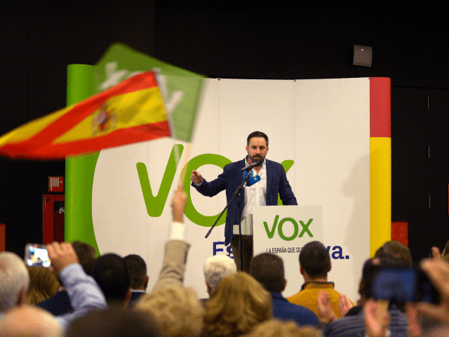 Santiago Abascal, leader of Spain's far-right party VOX, gives a speech during a camp