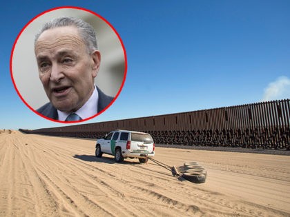 (INSET: Chuck Schumer) TOPSHOT - A Border Patrol car drags tires in the sand to make it ea