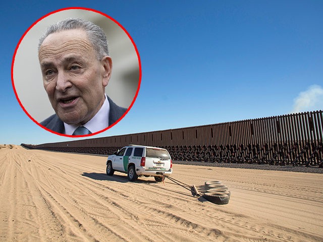 (INSET: Chuck Schumer) TOPSHOT - A Border Patrol car drags tires in the sand to make it easier to look for foot prints next to the US-Mexico border fence in the Yuha desert near Calexico, California, on December 30, 2018. - The increasing militarization of the border is forcing immigrants …