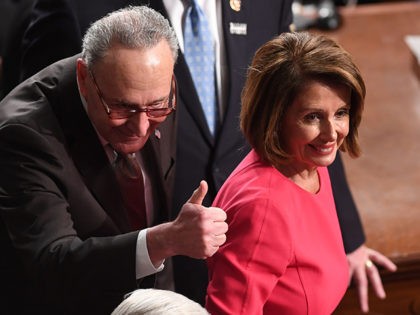 Incoming Speaker of the House Nancy Pelosi, D-CA, and Senator Chuck Schumer, D-NY, arrive for the beginning of the 116th US Congress at the US Capitol in Washington, DC, January 3, 2019. (Photo by SAUL LOEB / AFP) (Photo credit should read SAUL LOEB/AFP/Getty Images)