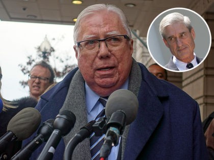 (INSET: Robert Mueller) US conservative political activist Jerome Corsi speaks outside the US Federal District Courthouse in Washington on January 3, 2019, after a hearing in his lawsuit against Russia collusion investigation chief Robert Mueller. - Corsi, is suspected of having had advance knowledge that WikiLeaks would, in the summer …