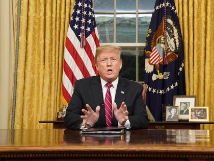 WASHINGTON, DC - JANUARY 08: U.S. President Donald Trump speaks to the nation in his first-prime address from the Oval Office of the White House on January 8, 2019 in Washington, DC. A partial shutdown of the federal government has gone on for 17 days following the president's demand for …
