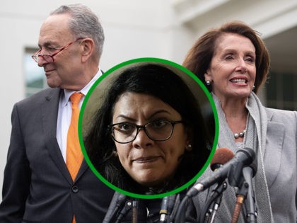 (INSET: Rashida Tlaib) US Speaker of the House Nancy Pelosi and Senate Democratic Leader Chuck Schumer speak to the media following a meeting with US President Donald Trump about the partial government shutdown at the White House in Washington, DC, January 9, 2019. - Trump stormed out of negotiations Wednesday …