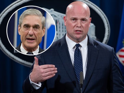 (INSET: Robert Mueller) Acting US Attorney General Matthew Whitaker announces a 13-count indictment of financial fraud charges against Chinese telecommunications manufacturer Huawei, as well as two affiliated companies and Huawei's Chief Financial Officer Meng Wanzhou, during a press conference at the Department of Justice in Washington, DC, January 28, 2019. …