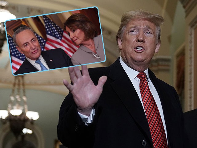 (INSET: Chuck Schumer and Nancy Pelosi) WASHINGTON, DC - JANUARY 09: U.S. President Donald Trump arrives at the U.S. Capitol to attend the weekly Republican Senate policy luncheon January 09, 2019 in Washington, DC. Trump is meeting with GOP lawmakers to shore up their resolve and support for his proposed …