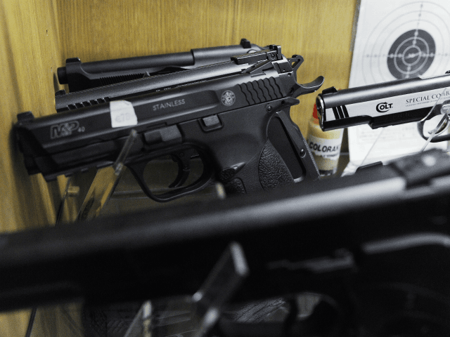 A photo shows airsoft pistols in a gun shop in Paris on June 15, 2015. AFP PHOTO / THOMAS OLIVA (Photo credit should read THOMAS OLIVA/AFP/Getty Images)