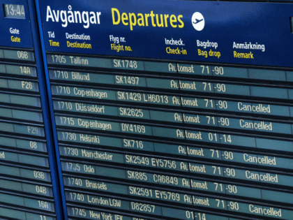 Cancelled flights of Scandinavian Airlines SAS are seen on the info board at Arlanda airport north of Stockholm, Sweden, June 13, 2016. SAS cancelled 230 flights from Stockholm Arlanda airport affecting 27000 passengers following the ongoing pilot strike. / AFP / TT News Agency / Johan Nilsson/TT / Sweden OUT …