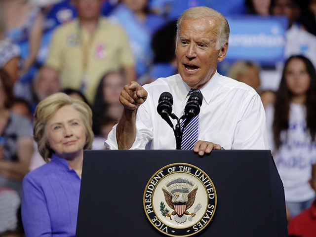 Vice President Joe Biden speaks at a campaign rally for Democratic presidential nominee Hillary Clinton, August 15, 2016, in Scranton, Pennsylvania. / AFP / DOMINICK REUTER (Photo credit should read DOMINICK REUTER/AFP/Getty Images)