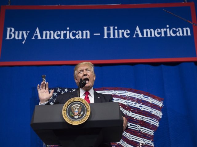 US President Donald Trump speaks after touring Snap-On Tools in Kenosha, Wisconsin, April 18, 2017, prior to signing the Buy American, Hire American Executive Order. / AFP PHOTO / SAUL LOEB (Photo credit should read SAUL LOEB/AFP/Getty Images)