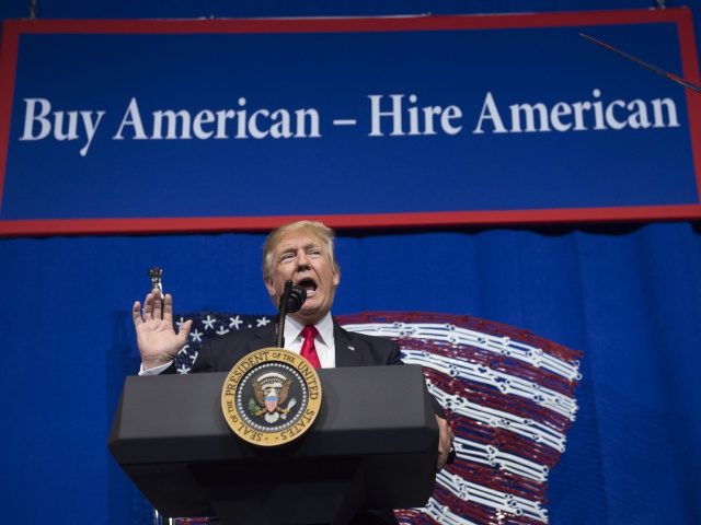 US President Donald Trump speaks after touring Snap-On Tools in Kenosha, Wisconsin, April