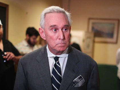 CORAL GABLES, FL - MAY 22: Roger Stone, a longtime political adviser and friend to President Donald Trump, speaks during a visit to the Women's Republican Club of Miami, Federated before signing copies of his book 'The Making of the President 2016' at the John Martin's Irish Pub and Restaurant …