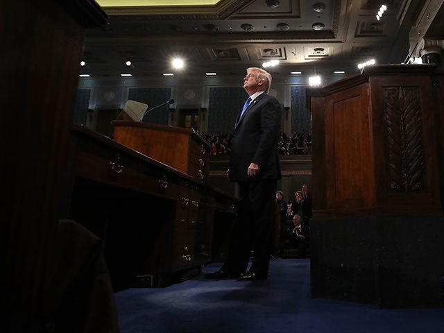 WASHINGTON, DC - JANUARY 30: U.S. President Donald J. Trump stands at the podium as Speake