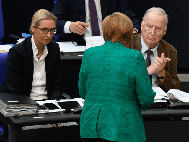 German Chancellor Angela Merkel (C) speaks to parliamentary group co-leaders of Germany's far-right Alternative for Germany (AfD) Alice Weidel (L) and Alexander Gauland (R) during a session at the Bundestag (lower house of parliament) on June 28, 2018 in Berlin. - Merkel warned that the migration challenge could determine Europe's …