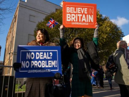 Activists hold up placards from the Leave Means Leave Pro-Brexit campaign group outside the Houses of Parliament in London on Janaury 8, 2019. - British MPs are set to hold a critical vote on January 15 on the Brexit agreement negotiated by Prime Minister Theresa May, her spokesman said on …