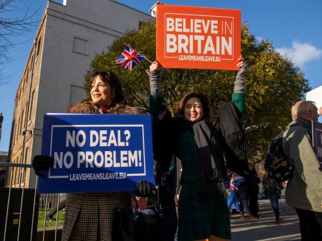 Activists hold up placards from the Leave Means Leave Pro-Brexit campaign group outside th