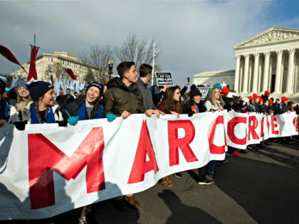 Anti-abortion activists march outside of the U.S. Supreme Court, during the March for Life in Washington Friday, Jan. 18, 2019.