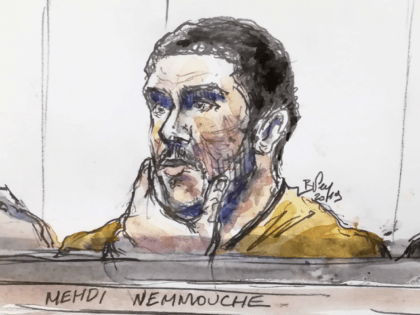 A court sketch made on January 10, 2019 shows Mehdi Nemmouche, accused of the terrorist at