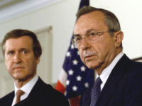 WASHINGTON, : Israeli Defense Minister Moshe Arens (R) answers reporters' questions during a joint press conference with US Secretary of Defense William Cohen (L) after their meeting and full honors arrival ceremony 27 April 1999 at the Pentagon in Washington, DC. Arens is in the US to discuss fighter jets; …