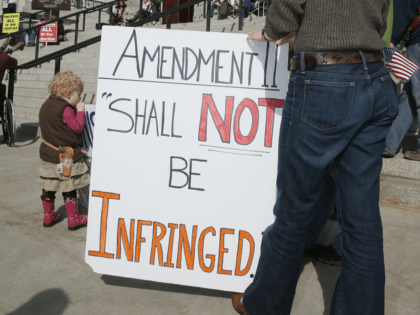 Gun rights supporters hold signs and listen to speakers at a gun rights rally and march at