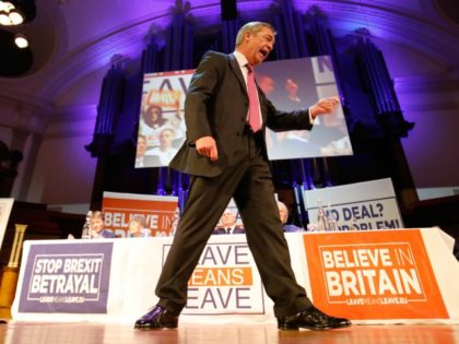 MEP and former UKIP leader Nigel Farage speaks at a political rally entitled 'Lets Go WTO' hosted by pro-Brexit lobby group Leave Means Leave in London on January 17, 2019. - British Prime Minister Theresa May scrambled to put together a new Brexit strategy on Thursday after MPs rejected her …