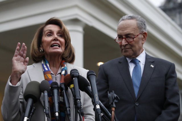 House Democratic leader Nancy Pelosi of California, left, the House Speaker-designate, and Senate Minority Leader Chuck Schumer, D-N.Y., speak to the media after meeting with President Donald Trump, Wednesday, Jan. 2, 2019, on border security at the White House in Washington.