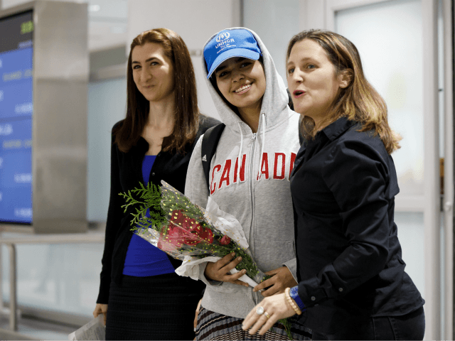 Asylum Seeker Rahaf Mohammed al-Qunun, 18, smiles as she is introduced to the media at Tor