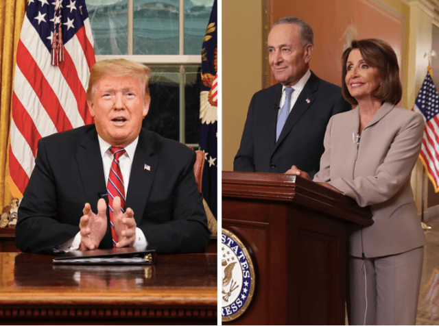 Donald Trump vs. Chuck Schumer and Nancy Pelosi (Carlos Barria-Pool / Getty and Chip Somod