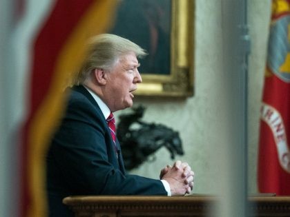WASHINGTON, DC - JANUARY 08: U.S. President Donald Trump speaks to the nation in his first-prime address from the Oval Office of the White House on January 8, 2019 in Washington, DC. A partial shutdown of the federal government extended to 17 days following the president's demand for $5.7 billion …