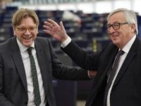 Verhofstadt and Juncker European Commission President Jean-Claude Juncker (R) speaks with European Parliament Brexit chief Guy Verhofstadt prior to a plenary session at the European Parliament on February 6, 2018 in Strasbourg, eastern France. / AFP PHOTO / FREDERICK FLORIN (Photo credit should read FREDERICK FLORIN/AFP/Getty Images)