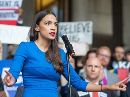 BOSTON, MA - OCTOBER 01: New York Democratic congressional candidate Alexandria Ocasio-Cortez speaks at a rally calling on Sen. Jeff Flake (R-AZ) to reject Judge Brett Kavanaugh's nomination to the Supreme Court on October 1, 2018 in Boston, Massachusetts. Sen. Flake is scheduled to give a talk at the Forbes …