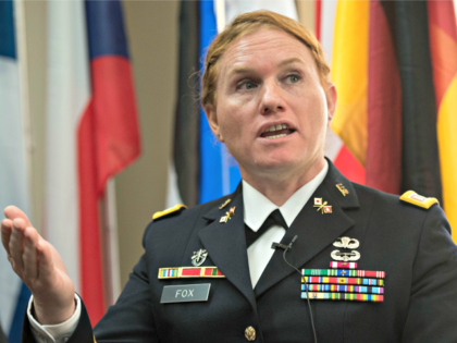Transgender US Army Reseve Captain Sage Fox speaks during a conference entitled "Perspectives on Transgender Military Service from Around the Globe" organized by the American Civil Liberties Union (ACLU) and the Palm Center in Washington on October 20, 2014. Transgender military personnel from 18 countries who allow them to serve …