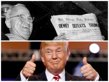 In this Nov. 4, 1948, file photo, President Harry S. Truman at St. Louis' Union Station holds up an election day edition of the Chicago Daily Tribune, which - based on early results - mistakenly announced "Dewey Defeats Truman." (AP Photo/Byron Rollins) President Donald Trump reacts before speaking at a …