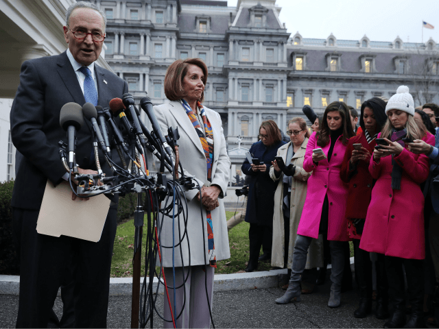 WASHINGTON, DC - JANUARY 02: Senate Minority Leader Charles Schumer (D-NY) (L) and House Speaker designate Nancy Pelosi (D-CA) talk to journalists following a meeting with U.S. President Donald Trump, Homeland Security Secretary Kirstjen Nielsen and fellow members of Congress about border security at the White House January 02, 2019 …