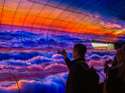People take smartphone pictures of a large panel of curved LG OLED TVs at the LG exhibit d
