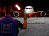 A Boeing 787 flight number AI139 of Indian national carrier Air India, from New Delhi, performs manoeuvres on the tarmac at Ben Gurion International Airport on the outskirts of Tel Aviv, on March 22, 2018 after using for the first time Saudi airspace. The flight AI319 is the first Air …
