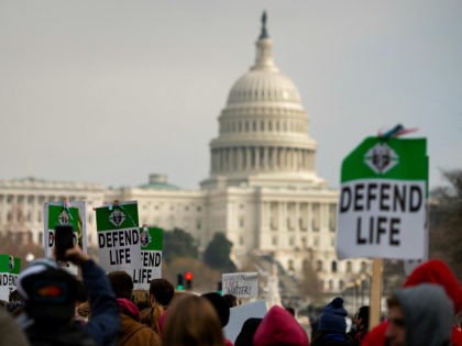 Students and activists carry signs during the annual 'March for Life' in Washington, DC on January 18, 2019. (Photo by ANDREW CABALLERO-REYNOLDS / AFP) (Photo credit should read ANDREW CABALLERO-REYNOLDS/AFP/Getty Images)