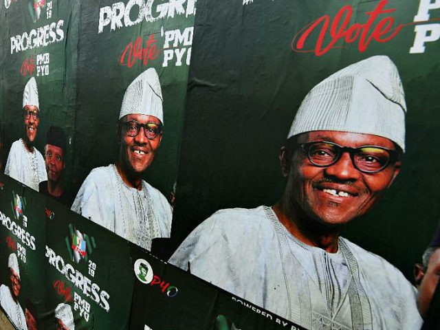 A picture taken January 16, 2019, shows a wall plastered with campaign posters of Nigeria'